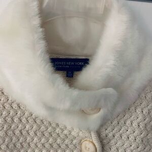 Jones New York Cream Sweater Jacket w/ Faux Fur Collar